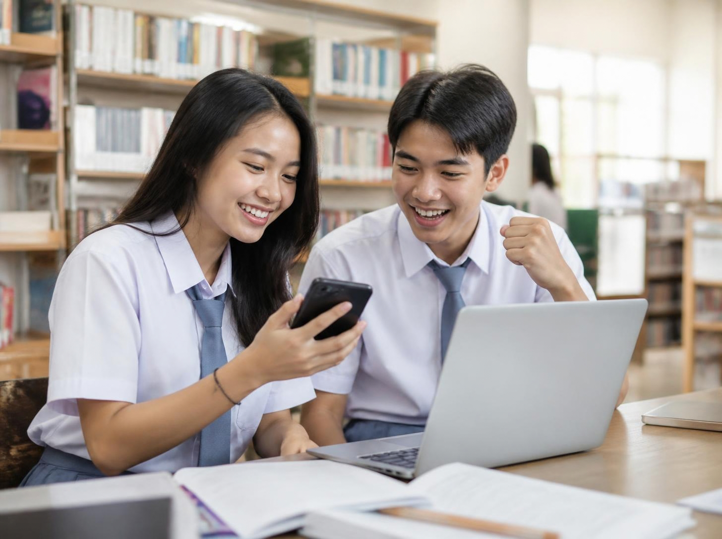 Dua siswa SMA/SMK berseragam putih abu-abu tersenyum senang saat berlatih soal TKA dengan aplikasi di HP dan laptop