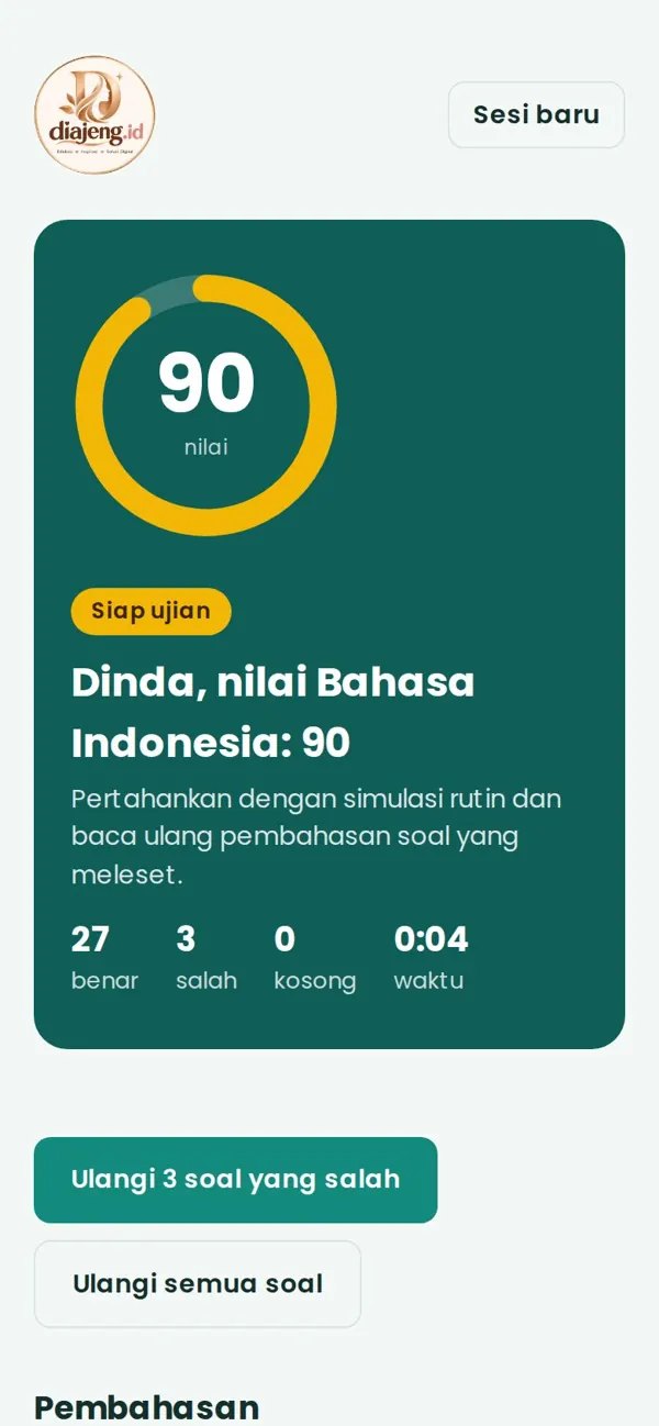 Tampilan aplikasi latihan TKA saat nilai keluar