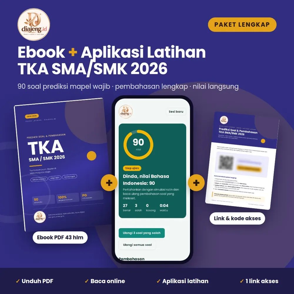 Paket lengkap: ebook TKA, aplikasi latihan di HP, dan kartu akses